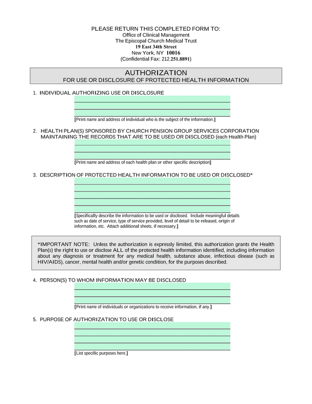 Authorization For Use Or Disclosure Of Protected Health Information screenshot