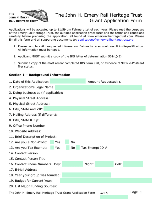 The John H. Emery Rail Heritage Trust Grant Application Form screenshot