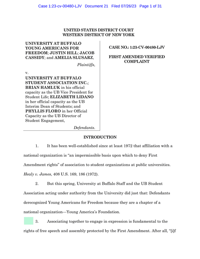 First Amended Verified Complaint Young Americans For Freedom V. University At Buffalo Student Associ screenshot