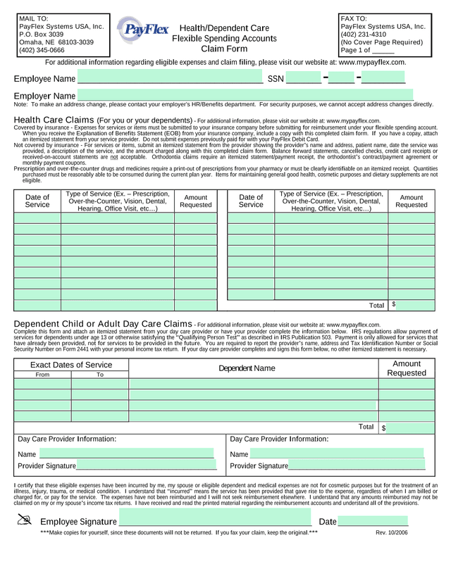 HealthDependent Care Flexible Spending Accounts Claim Form screenshot