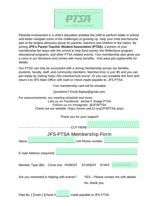 JFS PTSA Membership Form screenshot