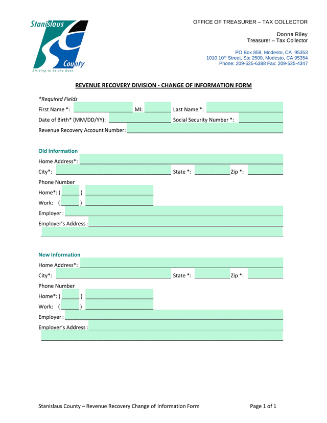 REVENUE RECOVERY DIVISION   CHANGE OF INFORMATION FORM screenshot