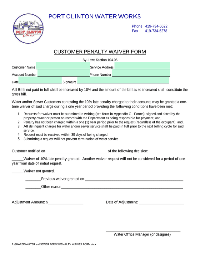 Customer Penalty Waiver Form screenshot