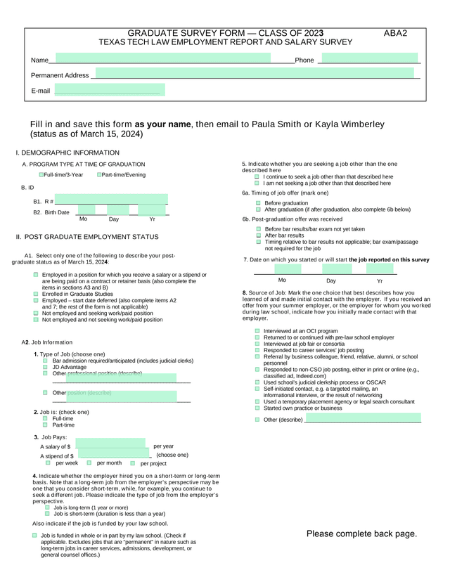Post Graduate Employment Status Form screenshot