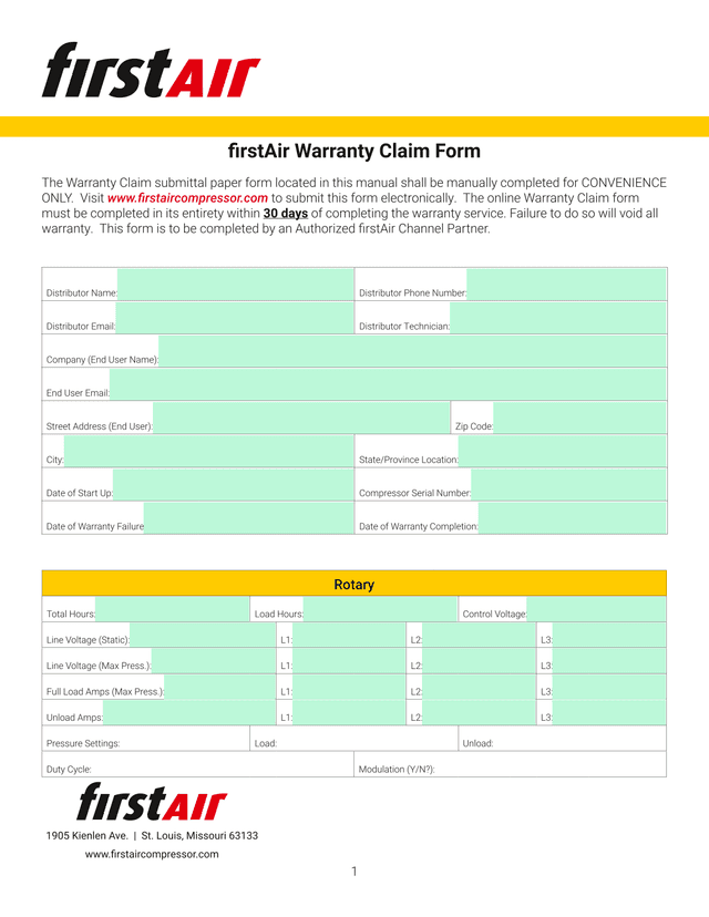 FirstAir Warranty Claim Form screenshot