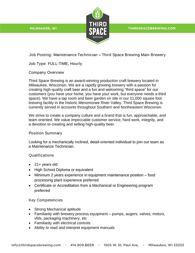 Job Posting Maintenance Technician  Third Space Brewing Main Brewery screenshot
