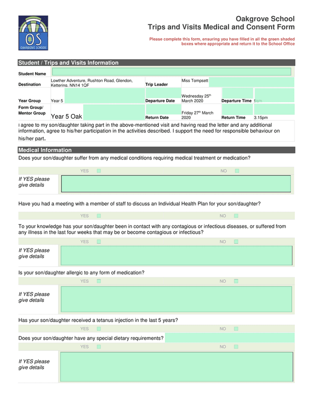 Trips And Visits Medical And Consent Form screenshot