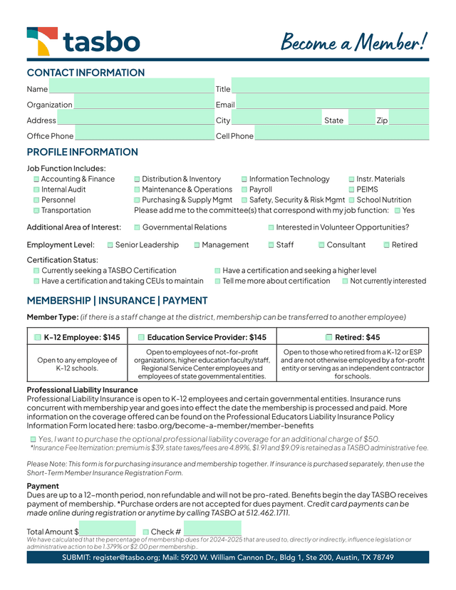 TASBO Membership And Professional Liability Insurance Form screenshot