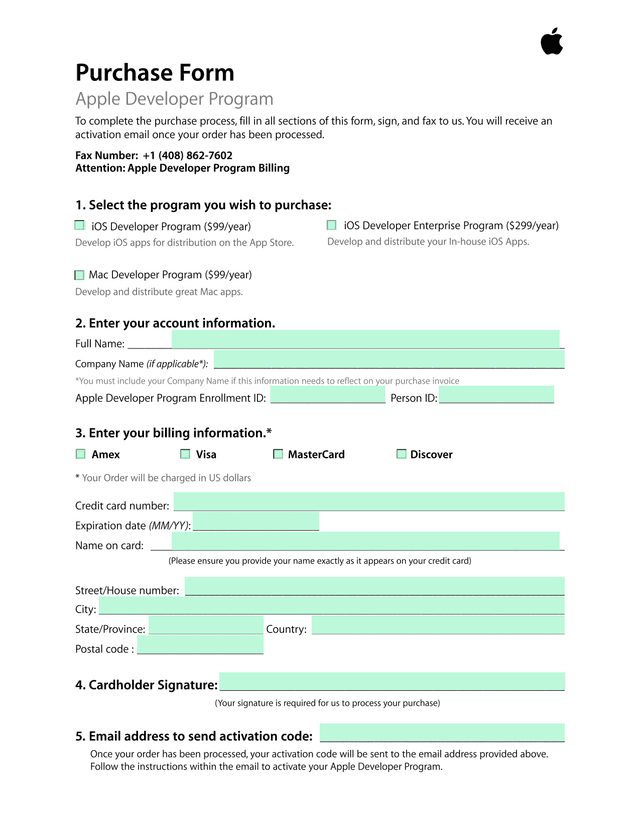 Purchase Form Apple Developer Program screenshot
