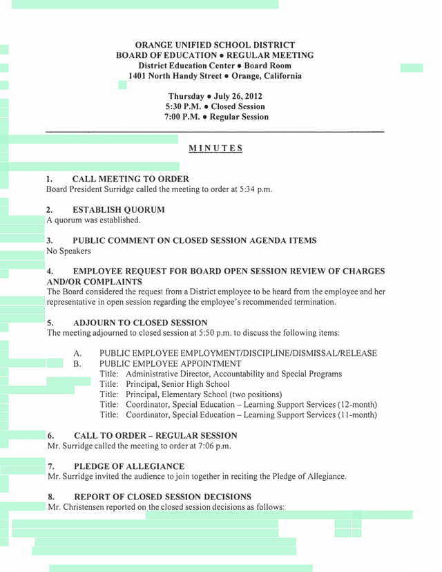 Orange Unified School District Board Of Education Regular Meeting Minutes screenshot