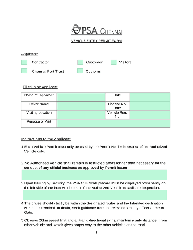 Vehicle Entry Permit Form screenshot