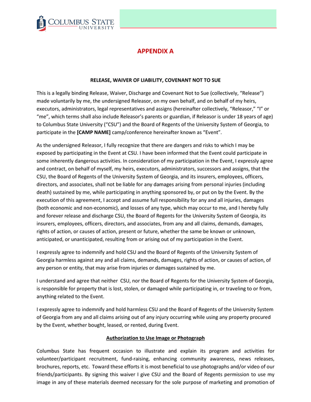 RELEASE, WAIVER OF LIABILITY, COVENANT NOT TO SUE screenshot