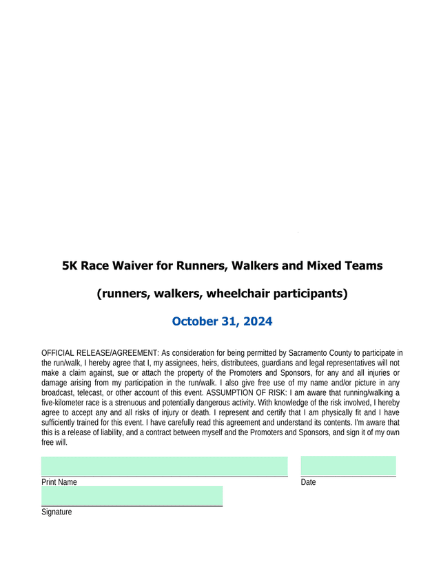 5K Race Waiver For Runners, Walkers And Mixed Teams screenshot