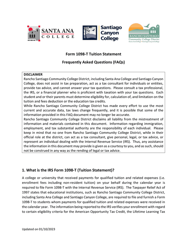 Form 1098 T Tuition Statement Frequently Asked Questions (FAQs) screenshot