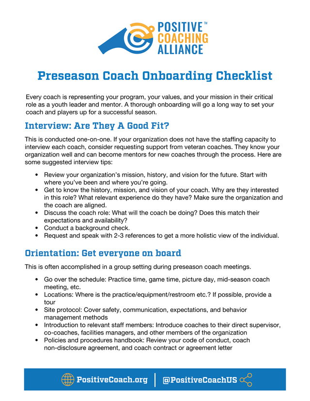 Preseason Coach Onboarding Checklist screenshot