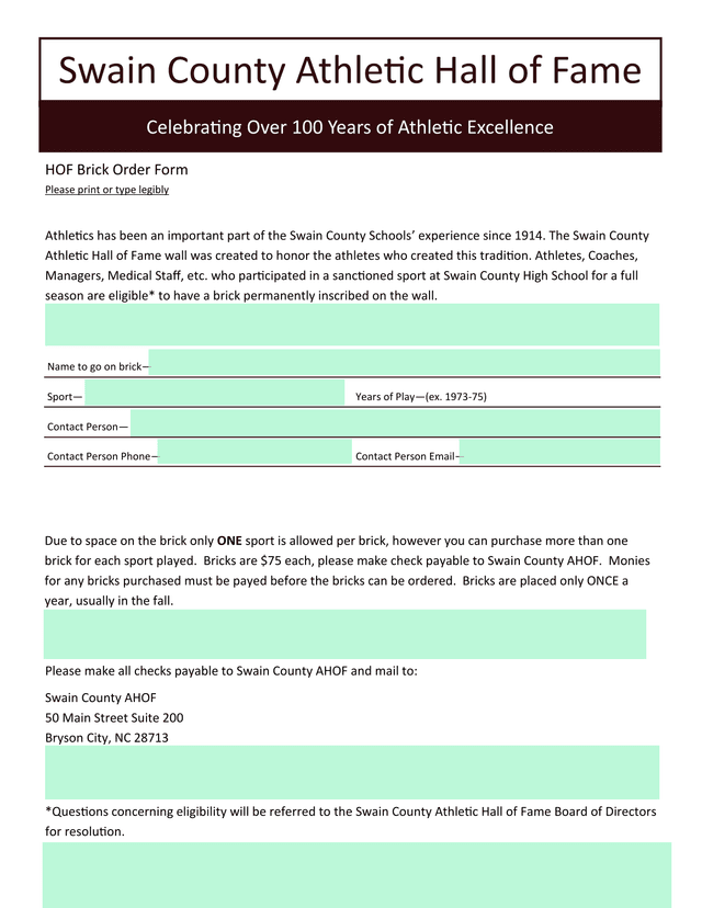 Swain County Athletic Hall Of Fame HOF Brick Order Form screenshot
