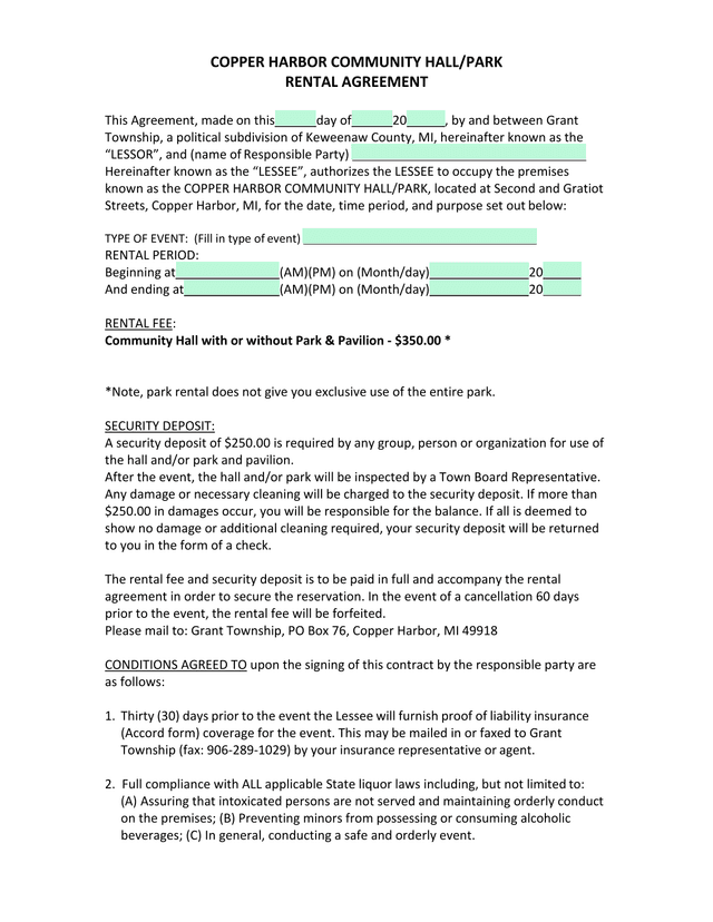Copper Harbor Community HallPark Rental Agreement screenshot