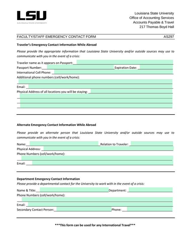 FacultyStaff Emergency Contact Form screenshot