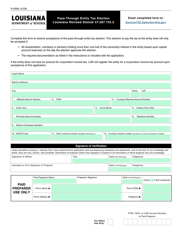 R 6980 Pass Through Entity Tax Election screenshot