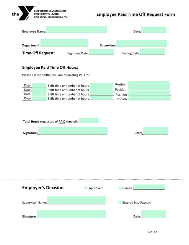 Employee Paid Time Off Request Form screenshot