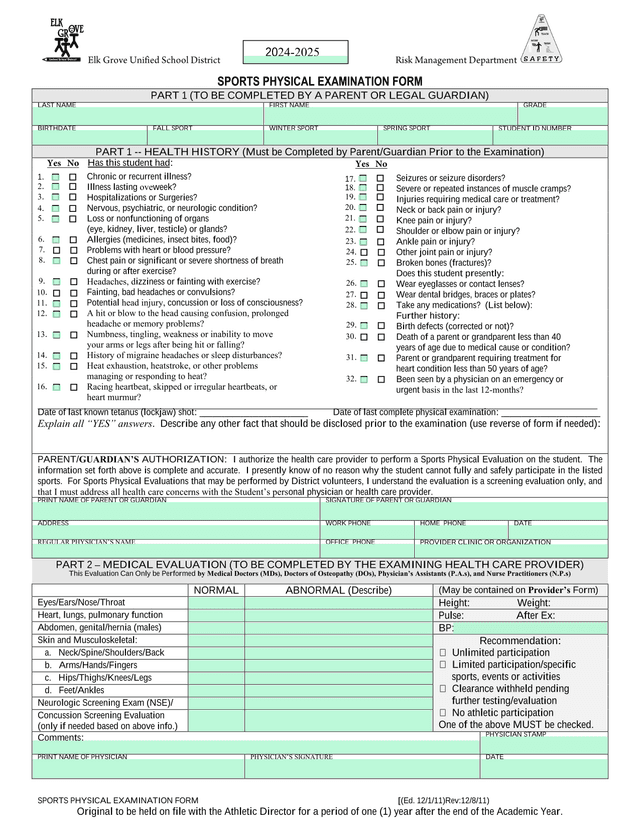 Sports Physical Examination Form screenshot