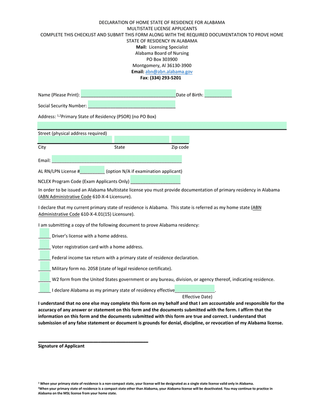 DECLARATION OF HOME STATE OF RESIDENCE FOR ALABAMA MULTISTATE LICENSE APPLICANTS screenshot