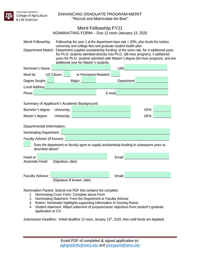 Merit Fellowship Nominating Form screenshot