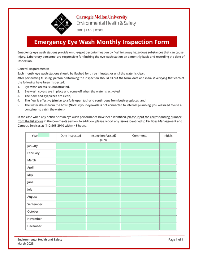 Emergency Eye Wash Monthly Inspection Form screenshot