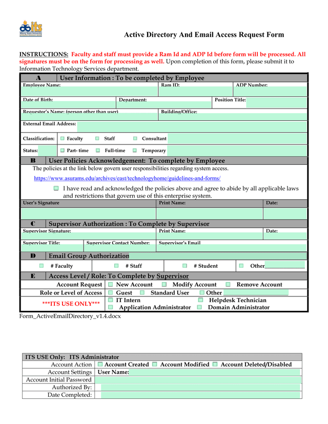 Active Directory And Email Access Request Form screenshot