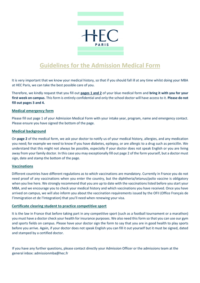 Guidelines For The Admission Medical Form screenshot