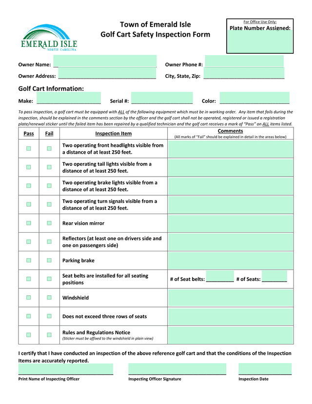 Golf Cart Safety Inspection Form screenshot