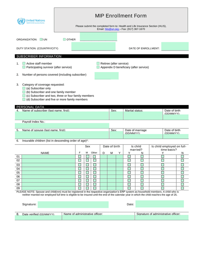 MIP Enrollment Form screenshot