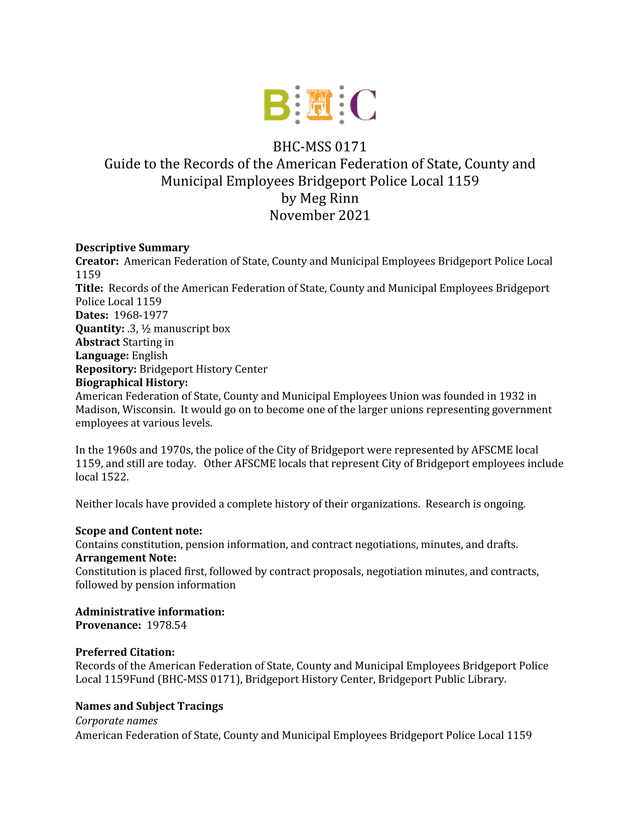 Guide To The Records Of The American Federation Of State, County And Municipal Employees Bridgeport  screenshot