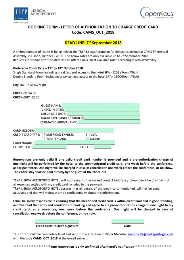 Booking Form   Letter Of Authorization To Charge Credit Card screenshot
