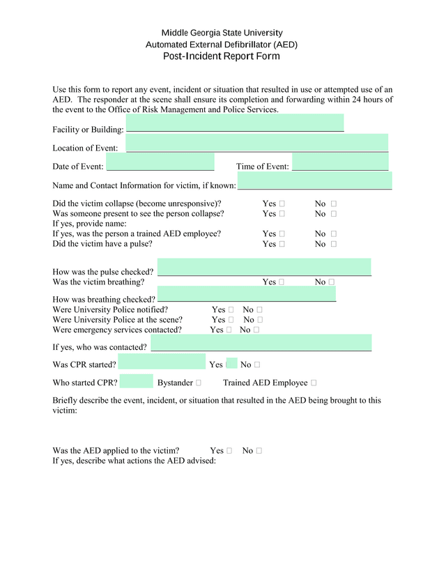 Automated External Defibrillator (AED) Post Incident Report Form screenshot