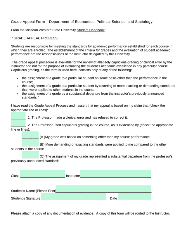 Grade Appeal Form screenshot