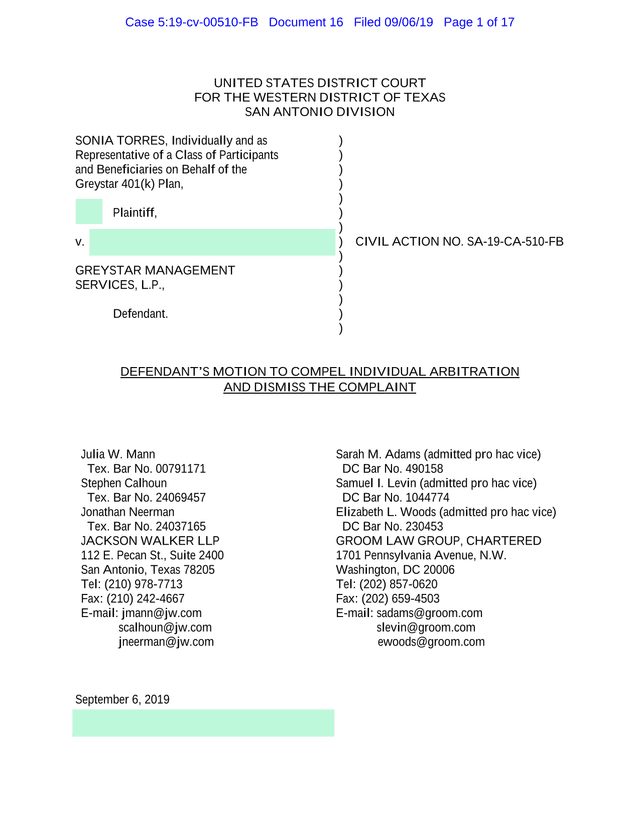 DefendantS Motion To Compel Individual Arbitration And Dismiss The Complaint screenshot