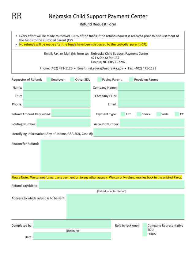 Nebraska Child Support Payment Center Refund Request Form screenshot