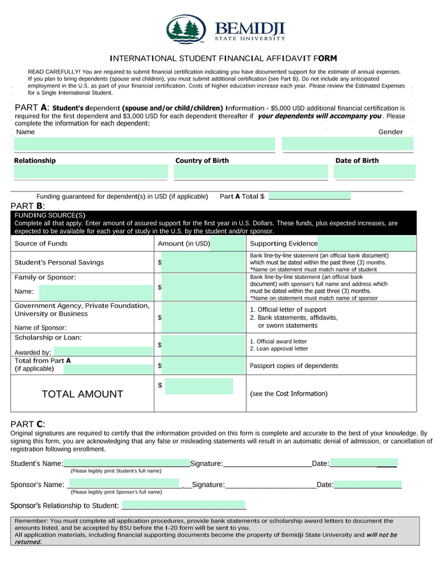 International Student Financial Affidavit Form screenshot