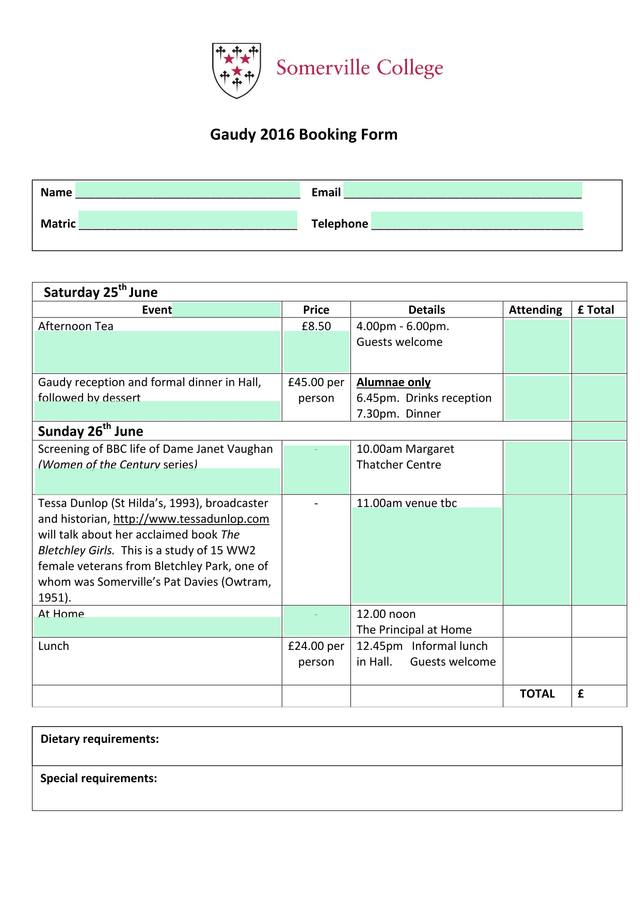 Gaudy 2016 Booking Form screenshot