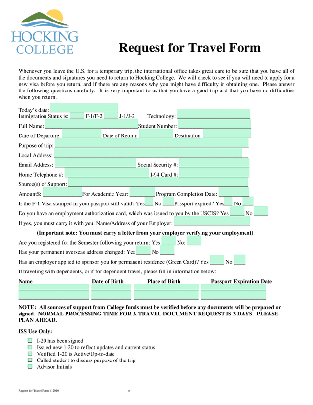 Request For Travel Form 1 2010 screenshot