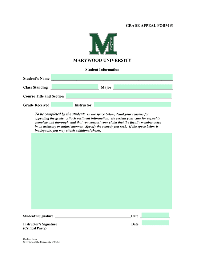Grade Appeal Form screenshot