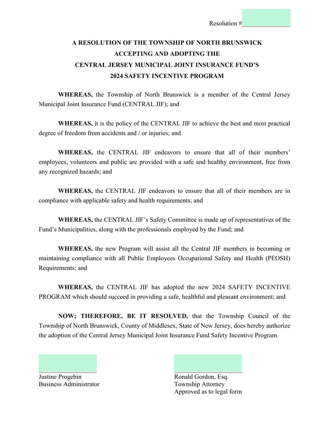 A RESOLUTION OF THE TOWNSHIP OF NORTH BRUNSWICK ACCEPTING AND ADOPTING THE CENTRAL JERSEY MUNICIPAL  screenshot