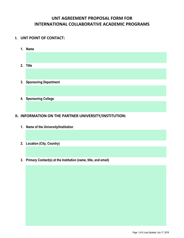 UNT Agreement Proposal Form For International Collaborative Academic Programs screenshot
