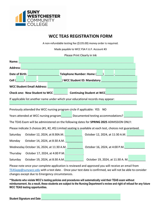 WCC TEAS Registration Form screenshot