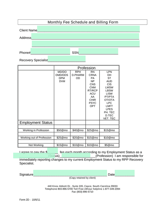 Form 2D  Monthly Fee Schedule And Billing Form screenshot