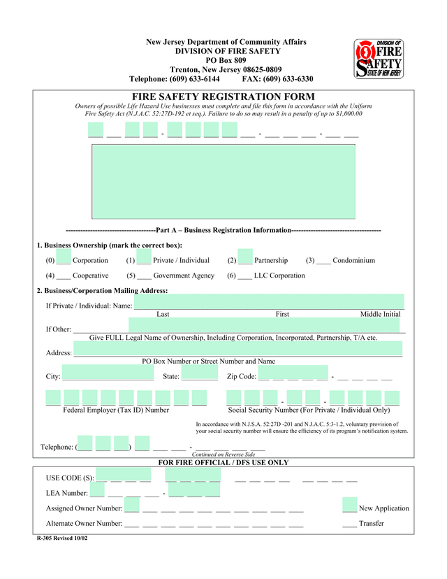 Fire Safety Registration Form screenshot