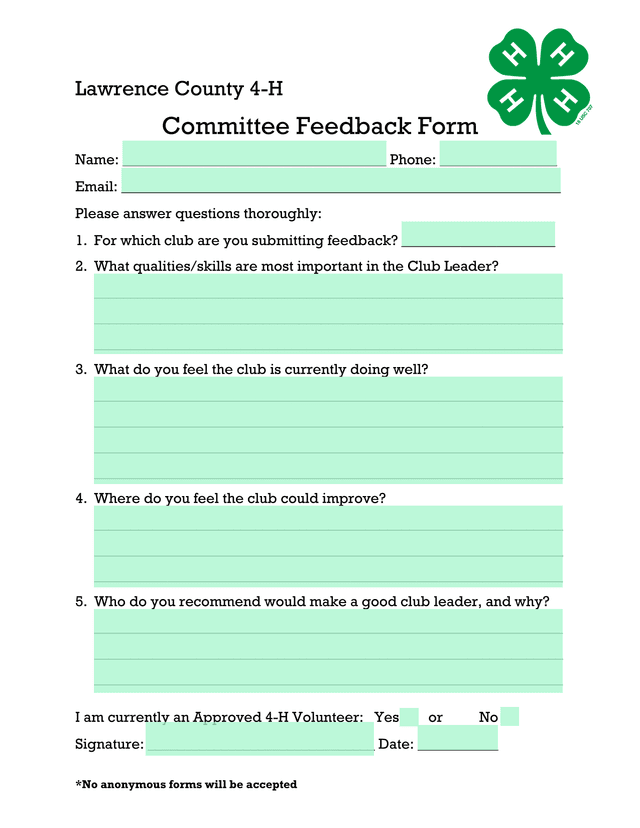 Lawrence County 4 H Committee Feedback Form screenshot