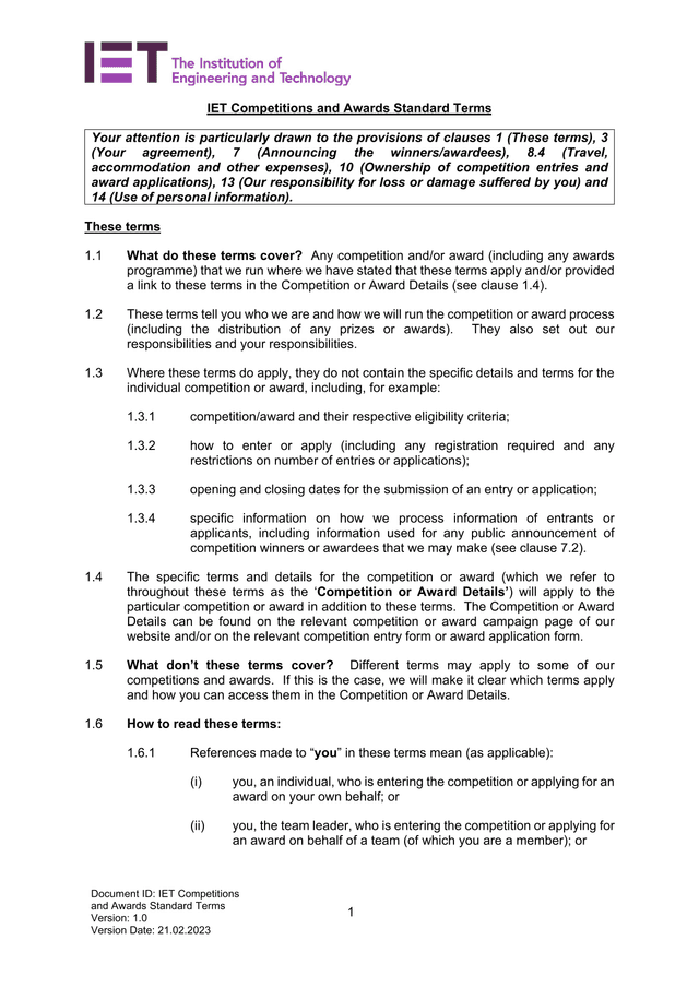 IET Competitions And Awards Standard Terms screenshot