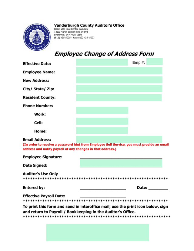 Employee Change Of Address Form screenshot